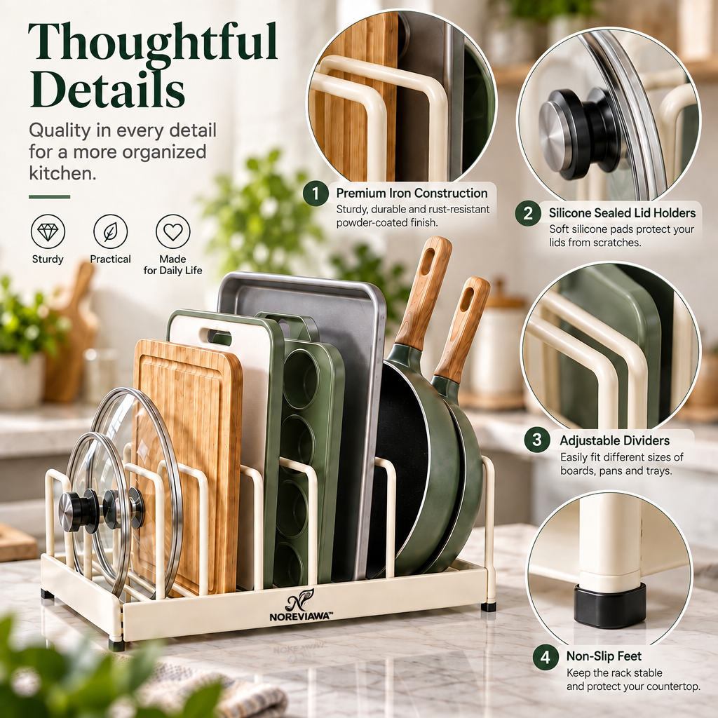 NOREVIAWA™ Adjustable Kitchen Rack Organizer | Multi-Functional Lid, Board & Pan Storage Holder