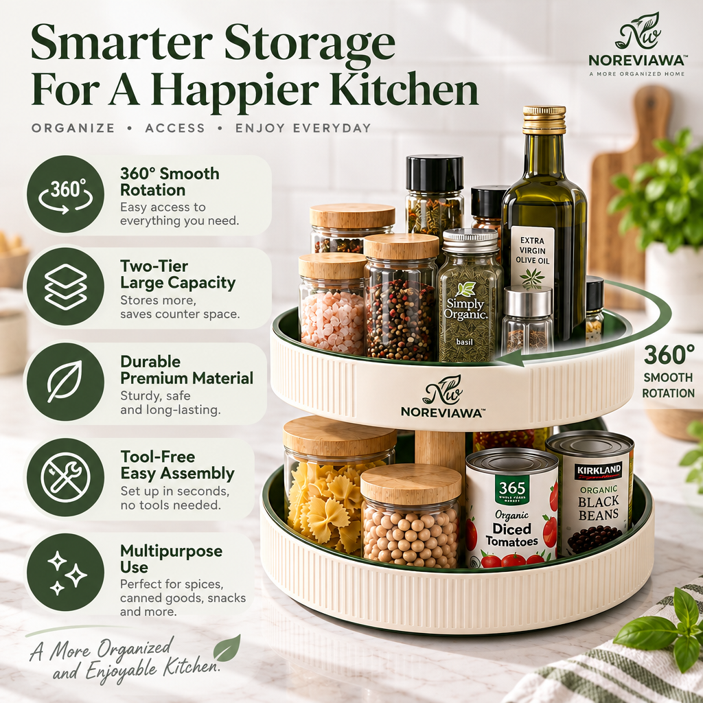 NOREVIAWA™ 360° Rotating Kitchen Organizer | Two-Tier Countertop Spice & Pantry Storage Tray