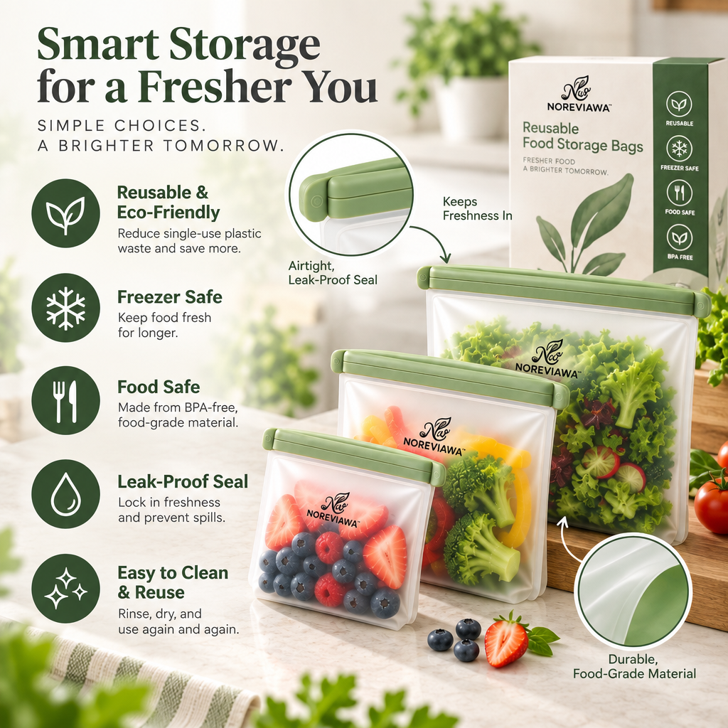 NOREVIAWA™ Reusable Food Storage Bags | Airtight Leak-Proof Silicone Freezer Bags