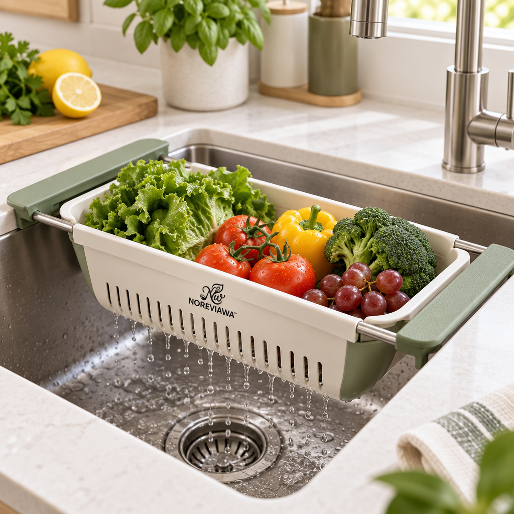 NOREVIAWA™ Adjustable Sink Colander Basket | Expandable Over-The-Sink Washing & Drain Basket