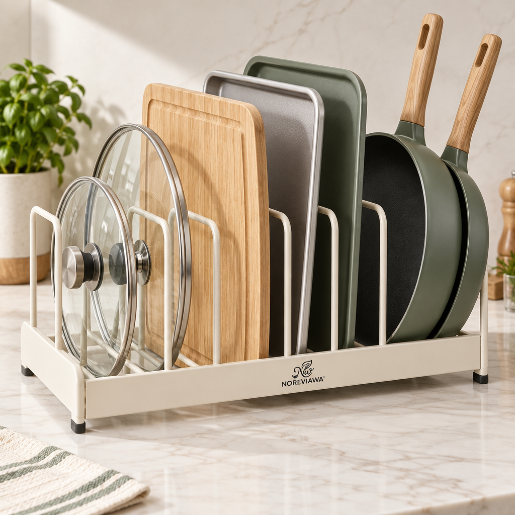 NOREVIAWA™ Adjustable Kitchen Rack Organizer | Multi-Functional Lid, Board & Pan Storage Holder