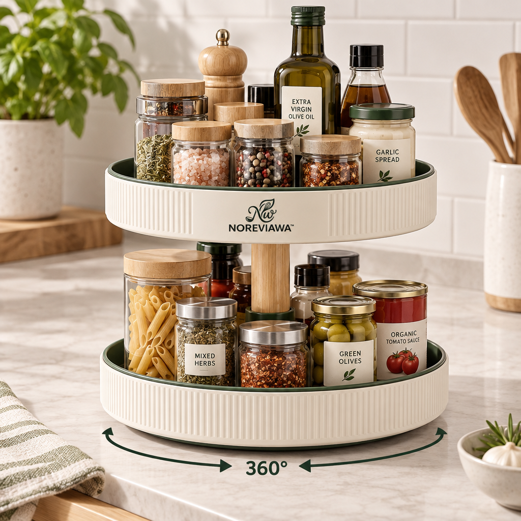 NOREVIAWA™ 360° Rotating Kitchen Organizer | Two-Tier Countertop Spice & Pantry Storage Tray