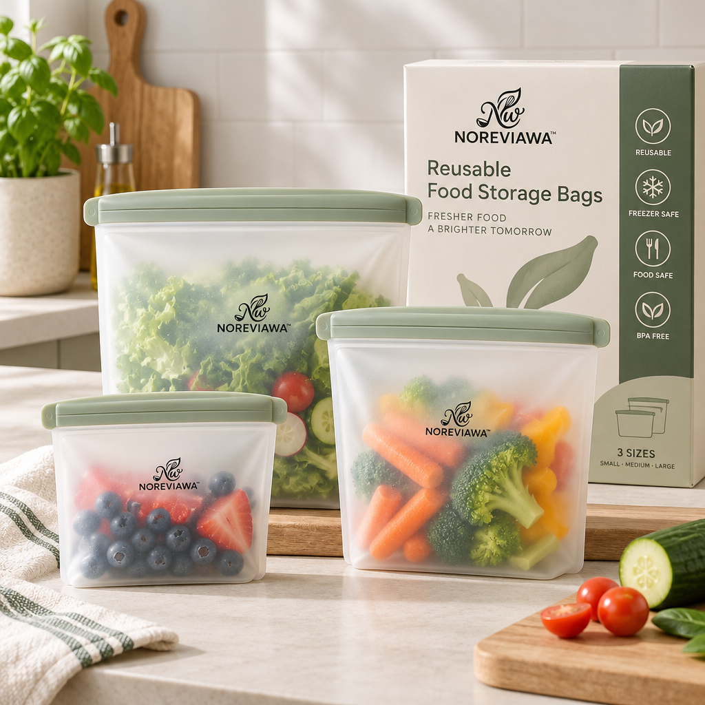 NOREVIAWA™ Reusable Food Storage Bags | Airtight Leak-Proof Silicone Freezer Bags