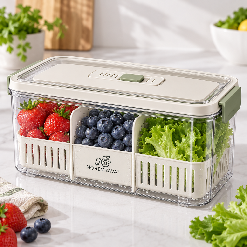NOREVIAWA™ Fresh Keeper Food Storage Box | Adjustable Ventilated Produce Container with Drain Basket