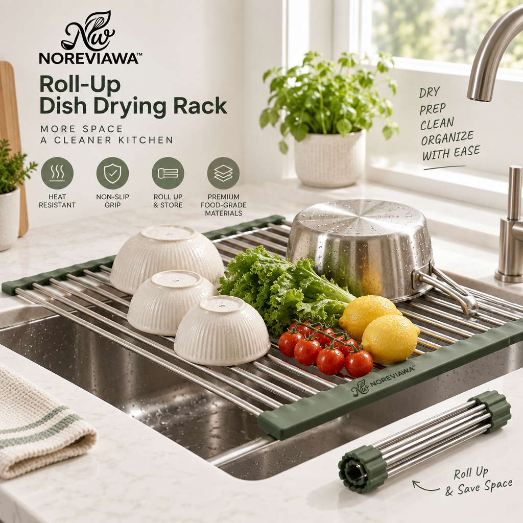 NOREVIAWA™ Roll-Up Sink Drying Rack | Stainless Steel Over Sink Dish & Food Prep Rack