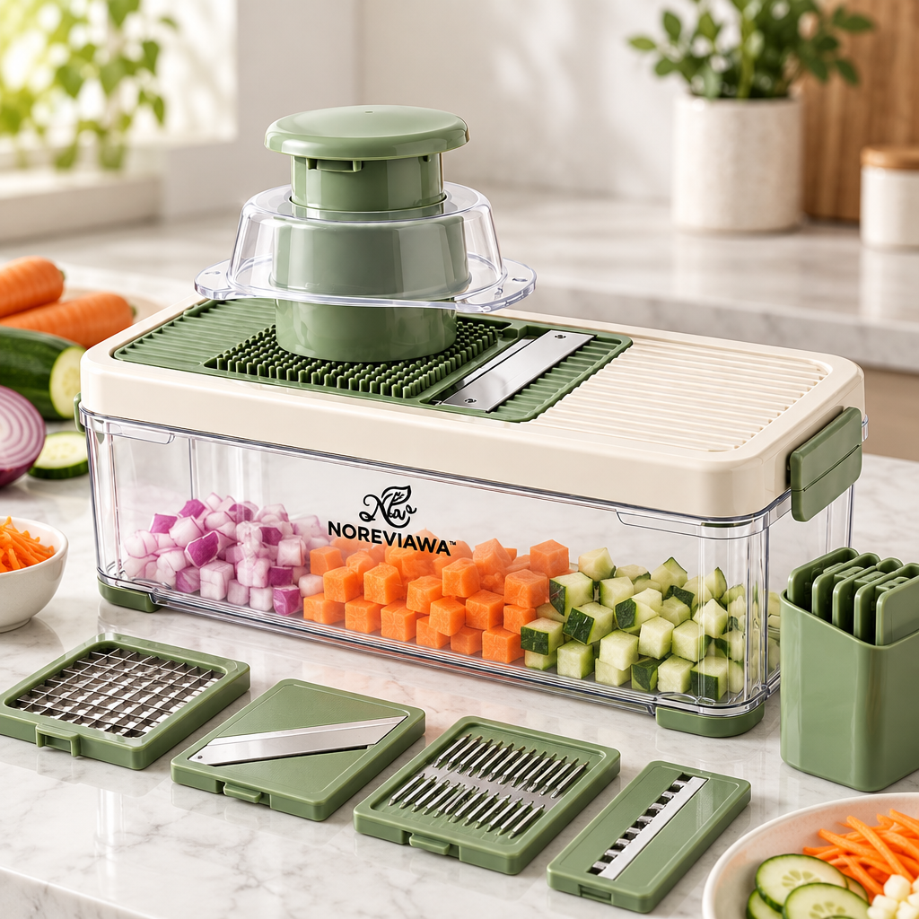 NOREVIAWA™ 5-in-1 Vegetable Chopper | Multi-Function Food Prep Container with Stainless Steel Blades