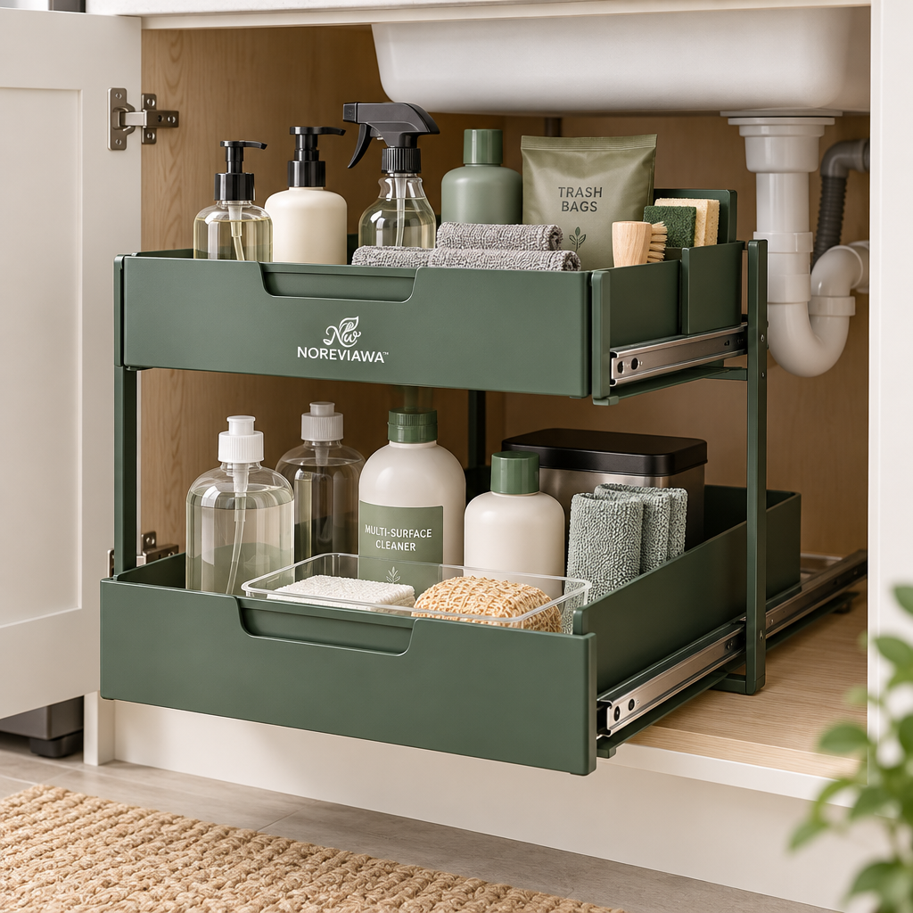 NOREVIAWA™ 2-Tier Sliding Storage Drawer | Metal Cabinet Organizer for Kitchen & Home Organization