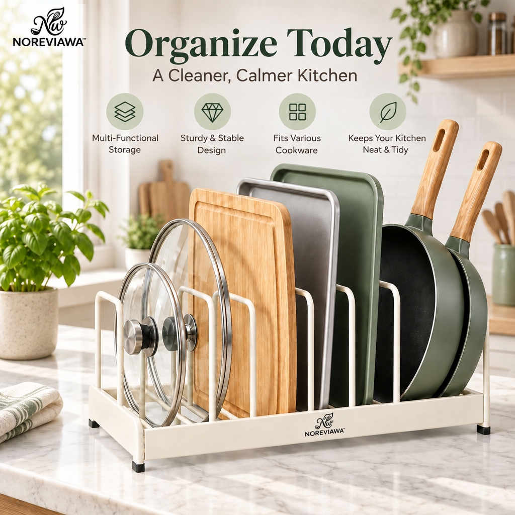 NOREVIAWA™ Adjustable Kitchen Rack Organizer | Multi-Functional Lid, Board & Pan Storage Holder