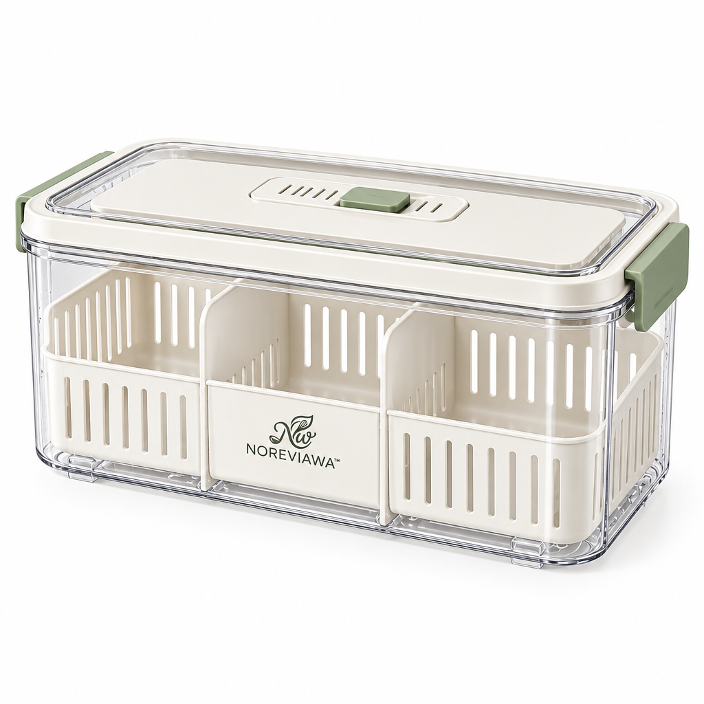 NOREVIAWA™ Fresh Keeper Food Storage Box | Adjustable Ventilated Produce Container with Drain Basket