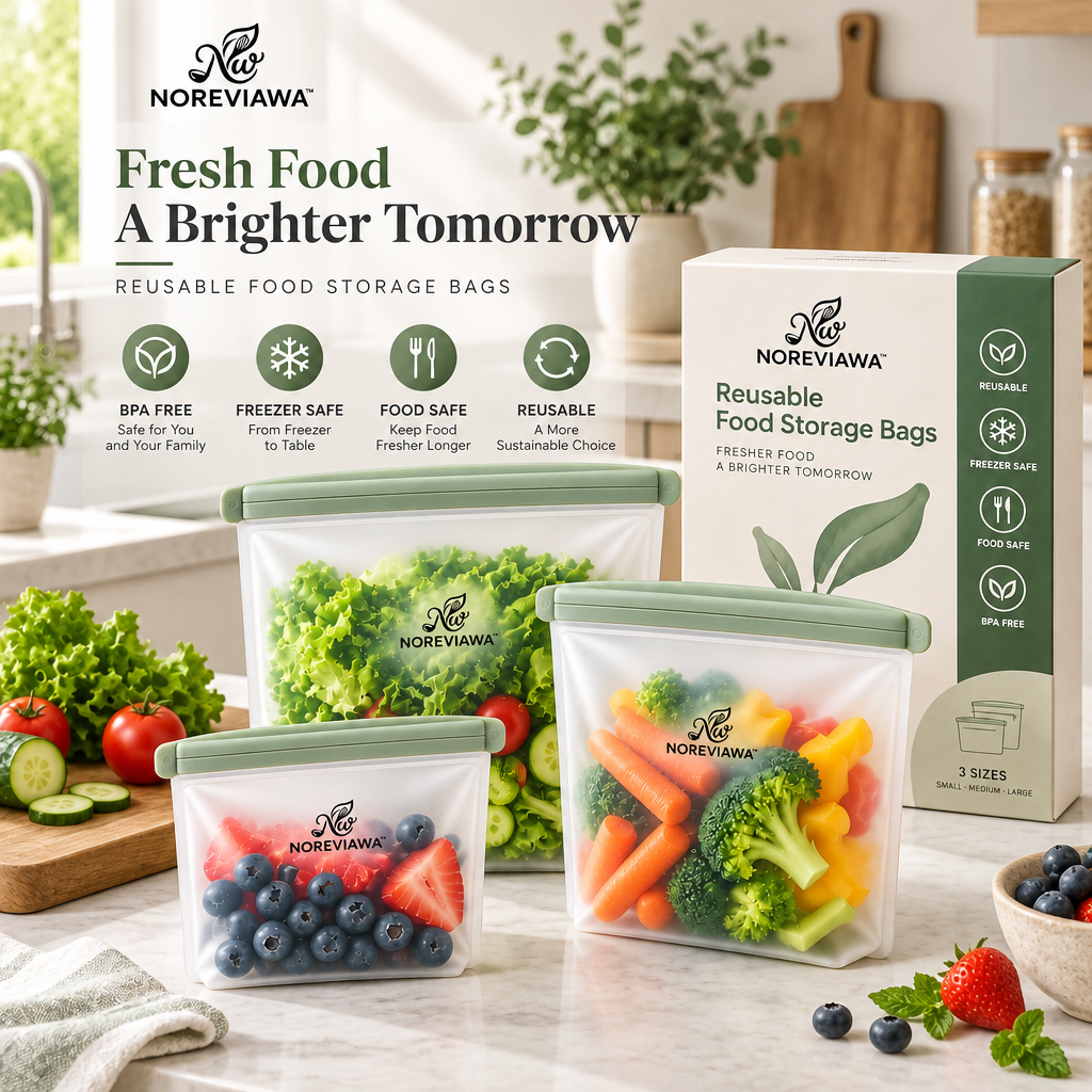 NOREVIAWA™ Reusable Food Storage Bags | Airtight Leak-Proof Silicone Freezer Bags
