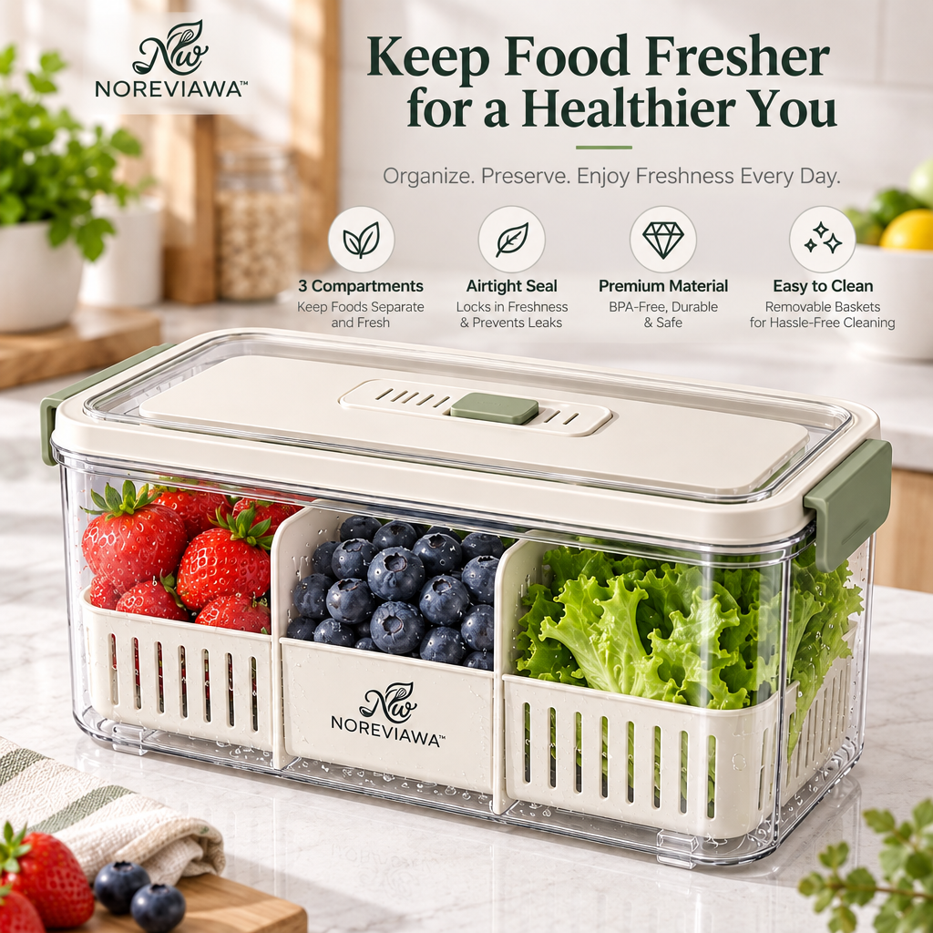 NOREVIAWA™ Fresh Keeper Food Storage Box | Adjustable Ventilated Produce Container with Drain Basket