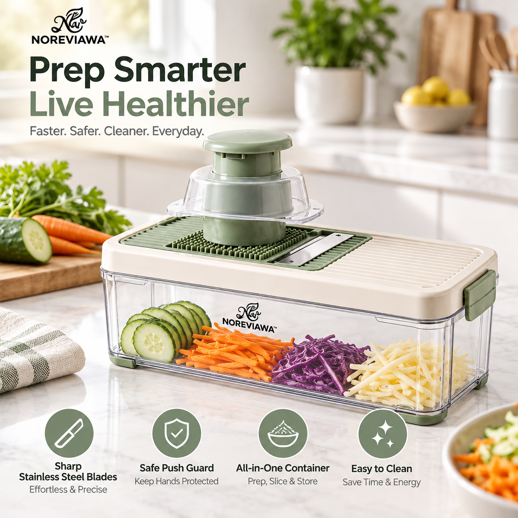 NOREVIAWA™ 5-in-1 Vegetable Chopper | Multi-Function Food Prep Container with Stainless Steel Blades