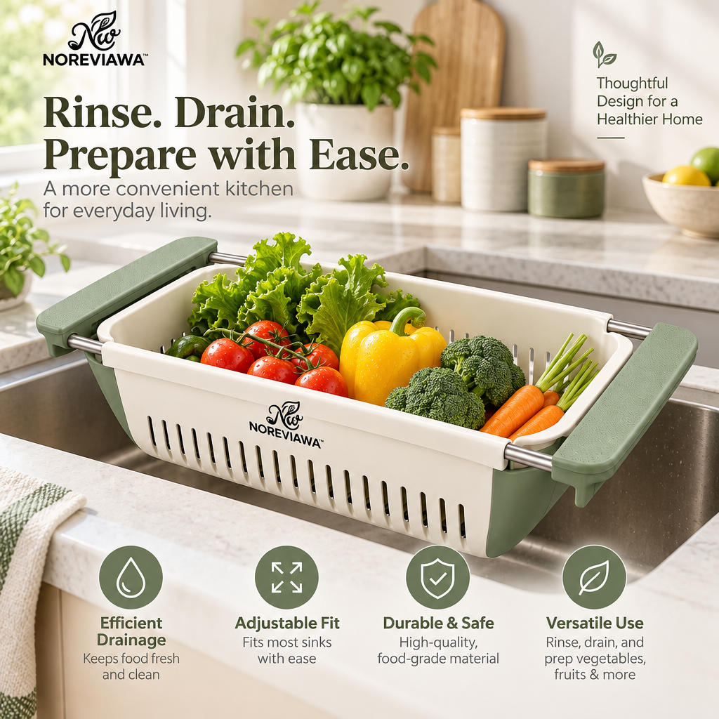 NOREVIAWA™ Adjustable Sink Colander Basket | Expandable Over-The-Sink Washing & Drain Basket