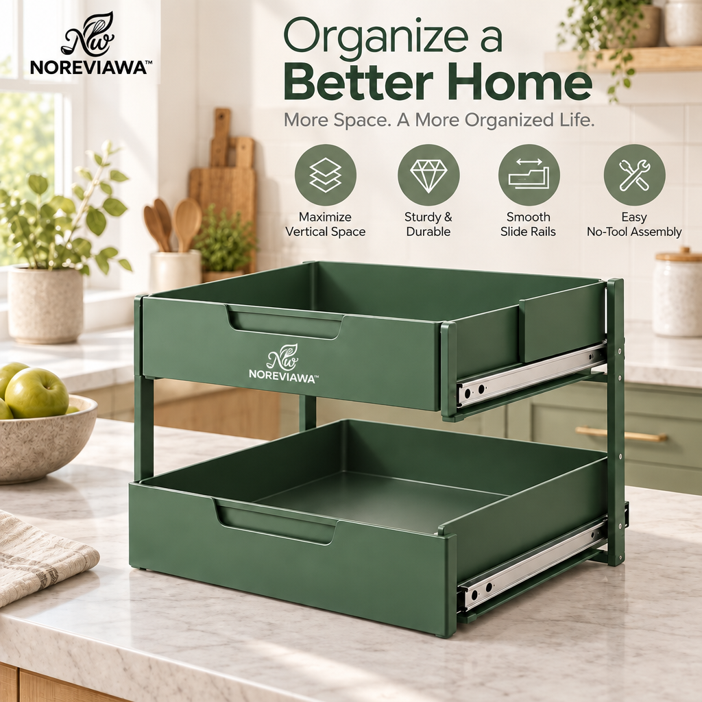 NOREVIAWA™ 2-Tier Sliding Storage Drawer | Metal Cabinet Organizer for Kitchen & Home Organization