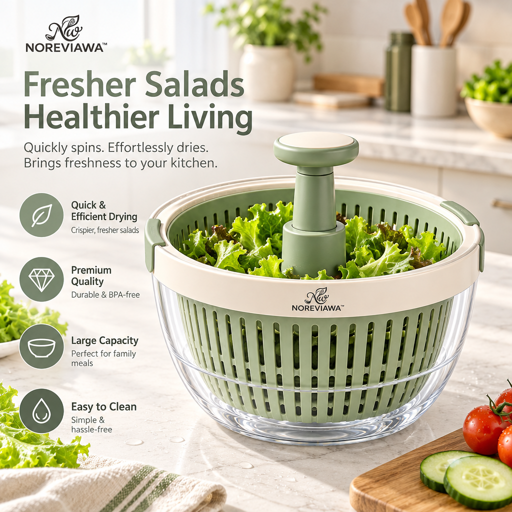 NOREVIAWA™ 360° Spin Salad Spinner | Manual Vegetable Washer & Dryer with Drain Basket