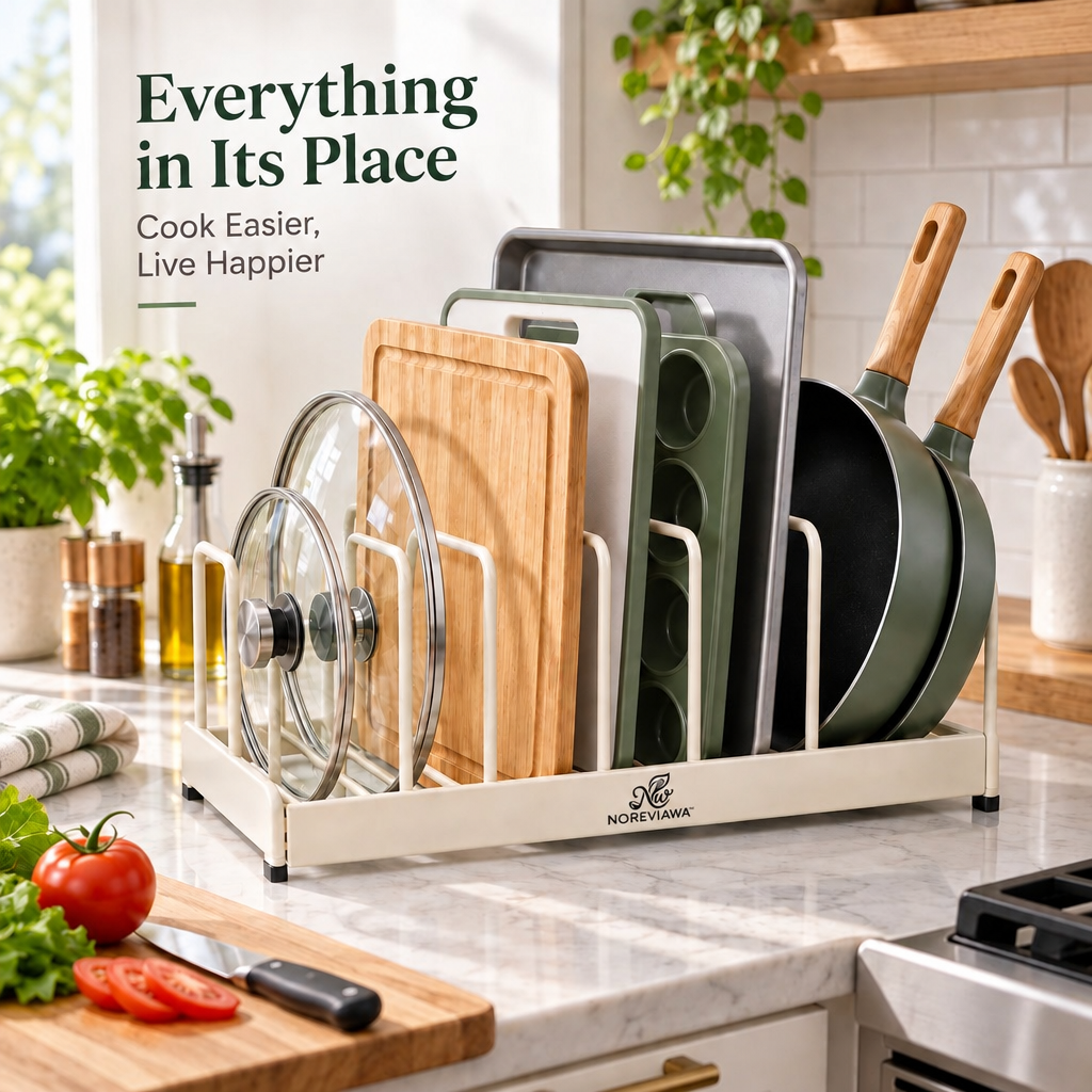 NOREVIAWA™ Adjustable Kitchen Rack Organizer | Multi-Functional Lid, Board & Pan Storage Holder