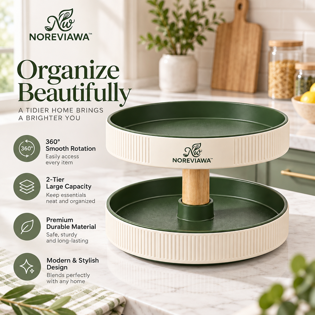 NOREVIAWA™ 360° Rotating Kitchen Organizer | Two-Tier Countertop Spice & Pantry Storage Tray