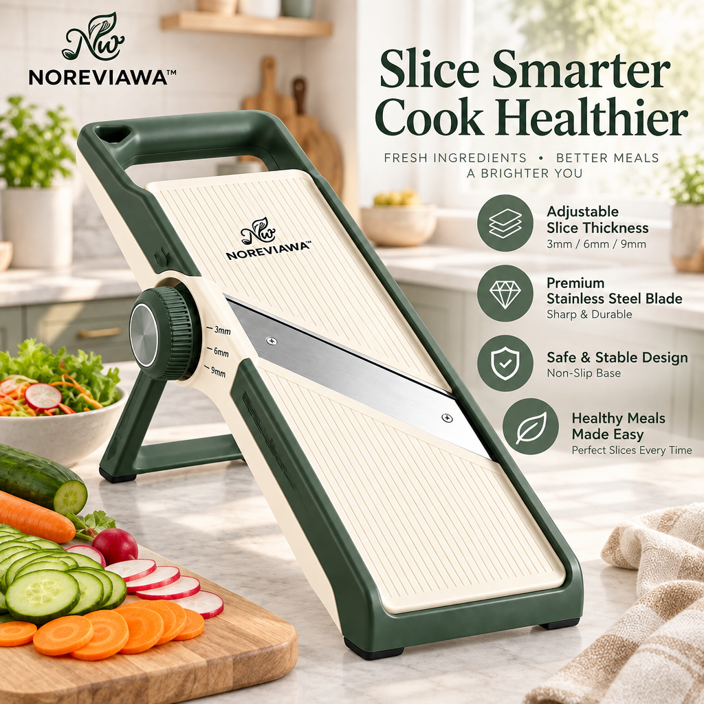 NOREVIAWA™ Adjustable Mandoline Slicer | Stainless Steel Vegetable Cutter with Safety Food Holder