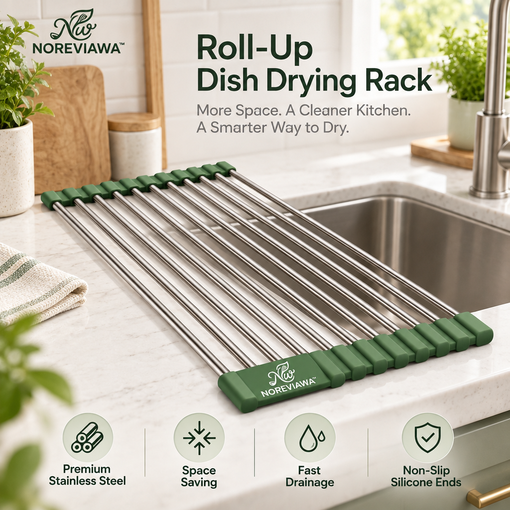 NOREVIAWA™ Roll-Up Sink Drying Rack | Stainless Steel Over Sink Dish & Food Prep Rack