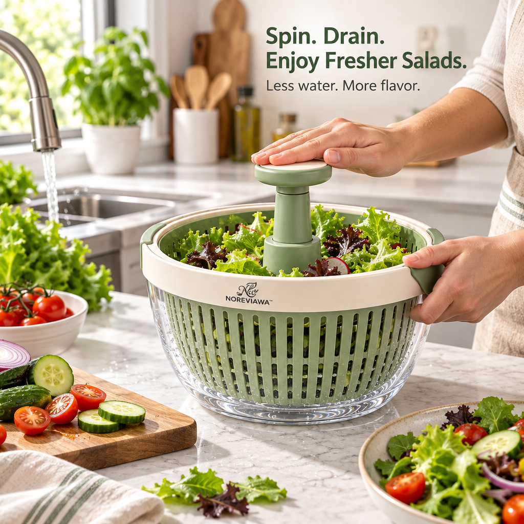 NOREVIAWA™ 360° Spin Salad Spinner | Manual Vegetable Washer & Dryer with Drain Basket