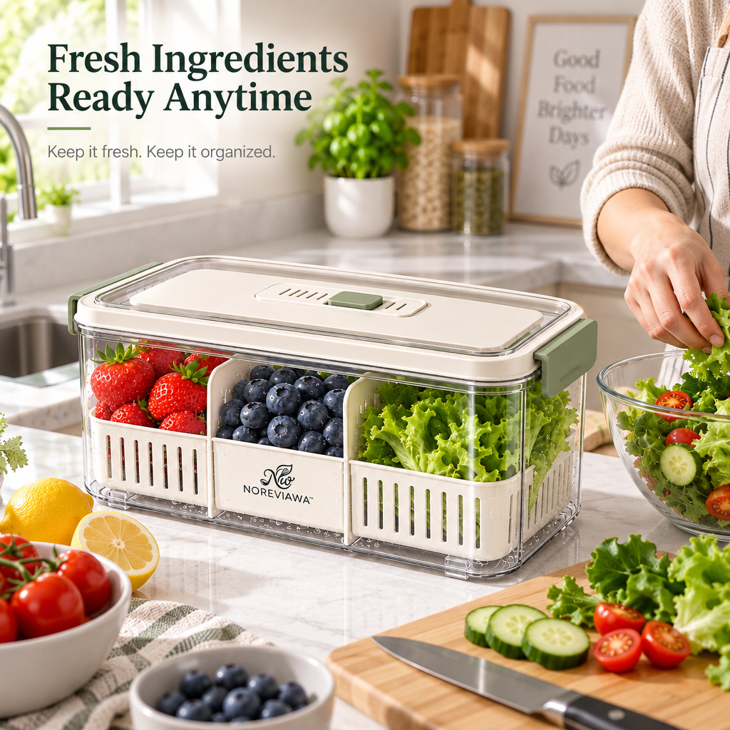 NOREVIAWA™ Fresh Keeper Food Storage Box | Adjustable Ventilated Produce Container with Drain Basket