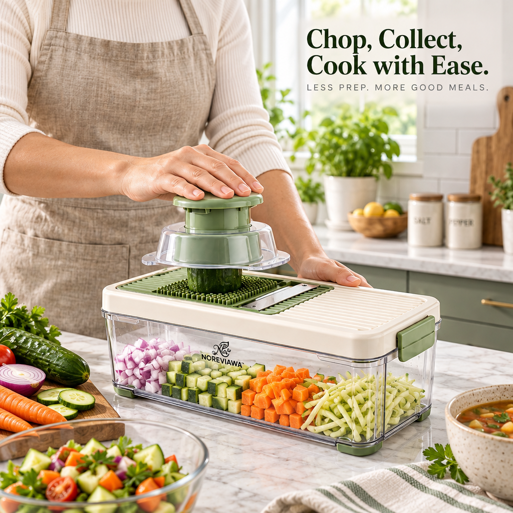 NOREVIAWA™ 5-in-1 Vegetable Chopper | Multi-Function Food Prep Container with Stainless Steel Blades