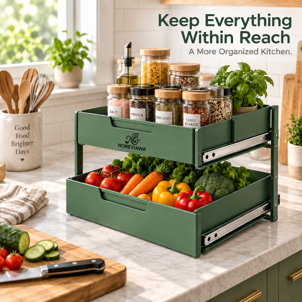 NOREVIAWA™ 2-Tier Sliding Storage Drawer | Metal Cabinet Organizer for Kitchen & Home Organization