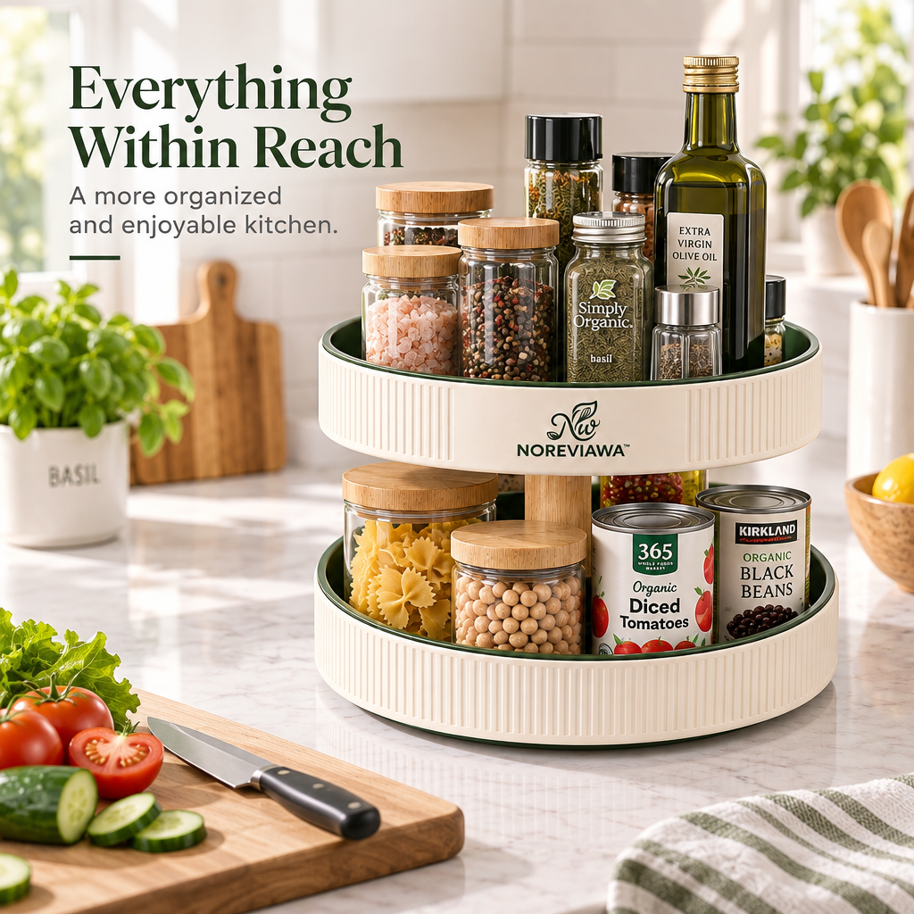 NOREVIAWA™ 360° Rotating Kitchen Organizer | Two-Tier Countertop Spice & Pantry Storage Tray