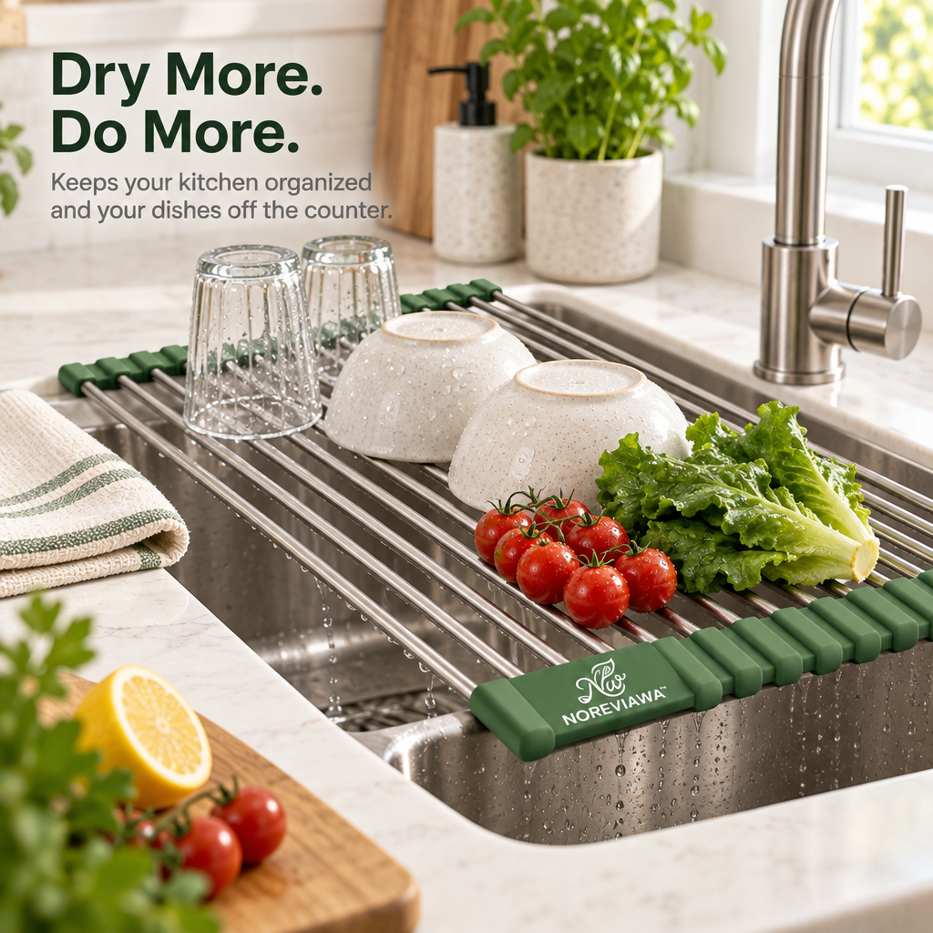NOREVIAWA™ Roll-Up Sink Drying Rack | Stainless Steel Over Sink Dish & Food Prep Rack