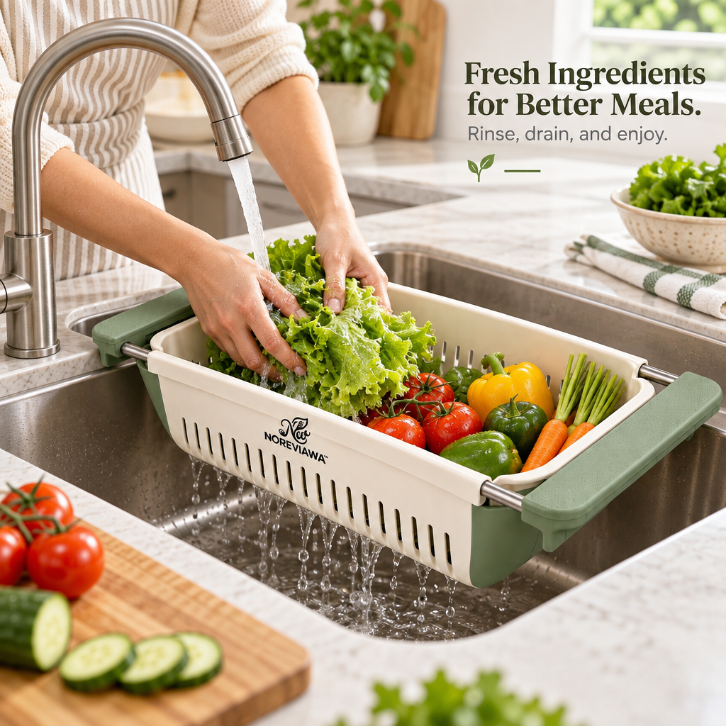 NOREVIAWA™ Adjustable Sink Colander Basket | Expandable Over-The-Sink Washing & Drain Basket