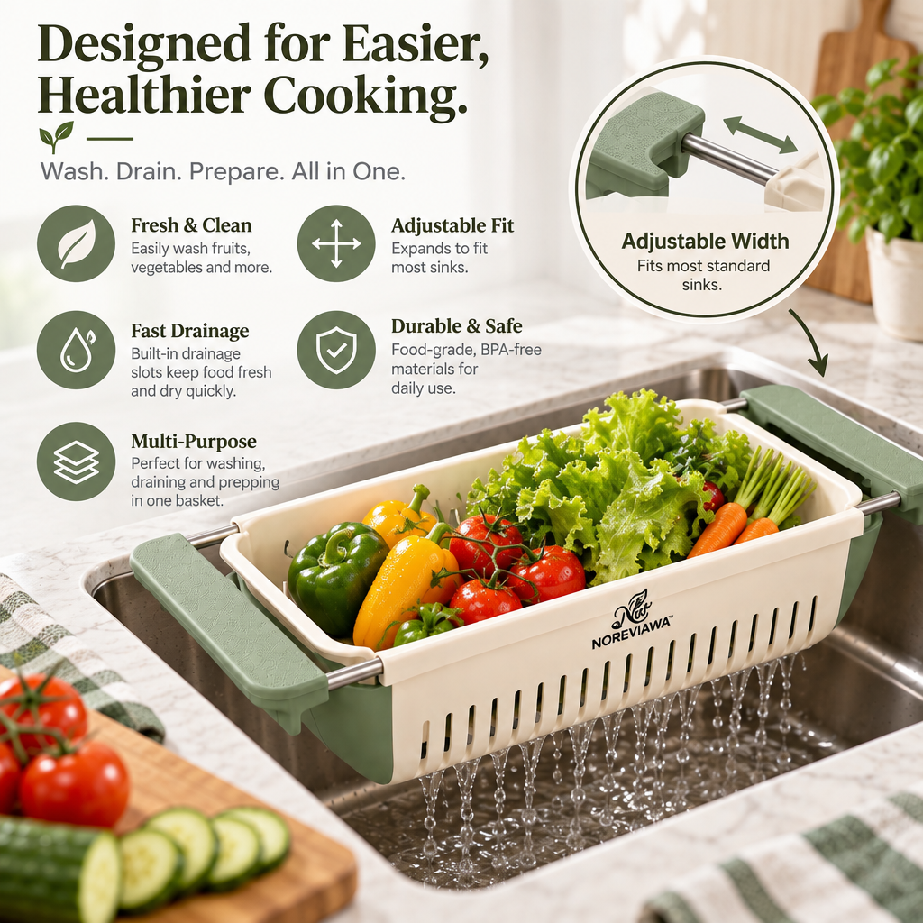 NOREVIAWA™ Adjustable Sink Colander Basket | Expandable Over-The-Sink Washing & Drain Basket