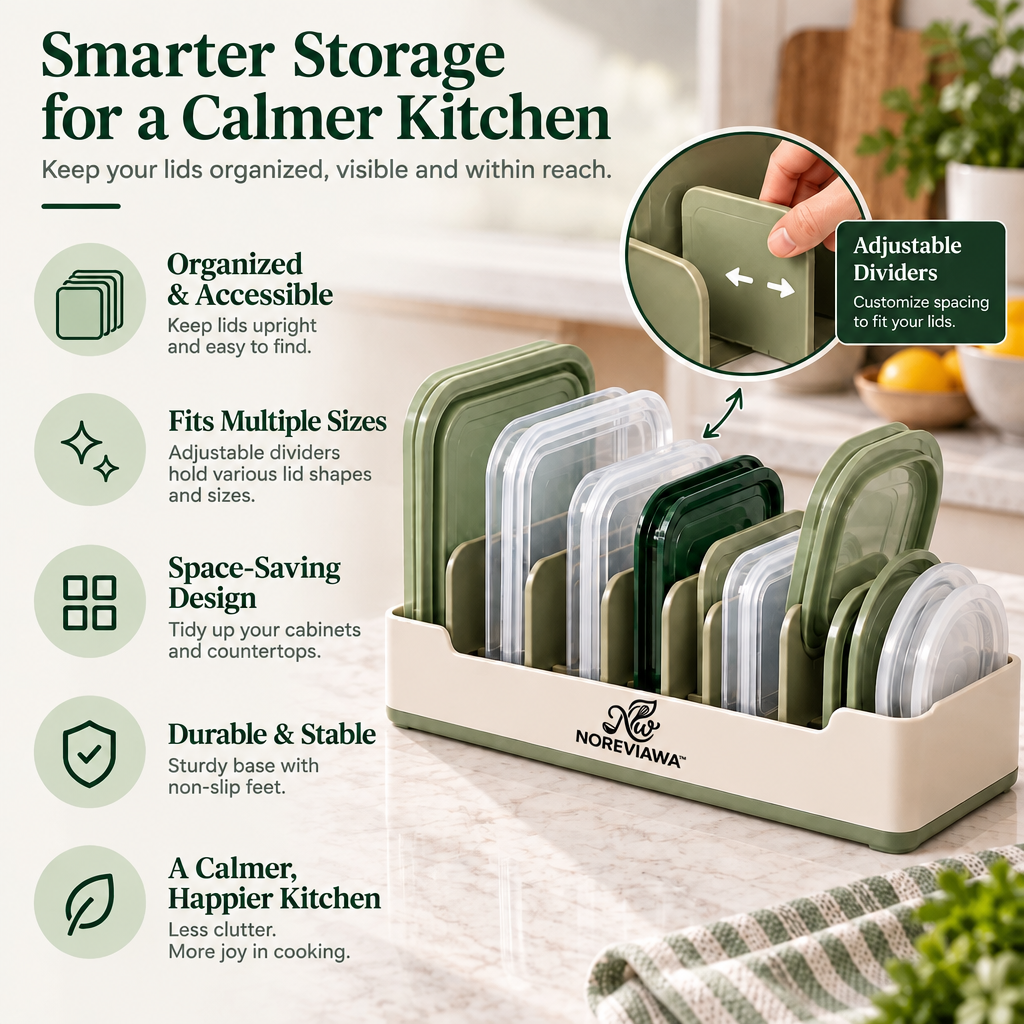 NOREVIAWA™ Adjustable Lid Organizer Rack | Kitchen Cabinet Pot & Pan Lid Storage Holder