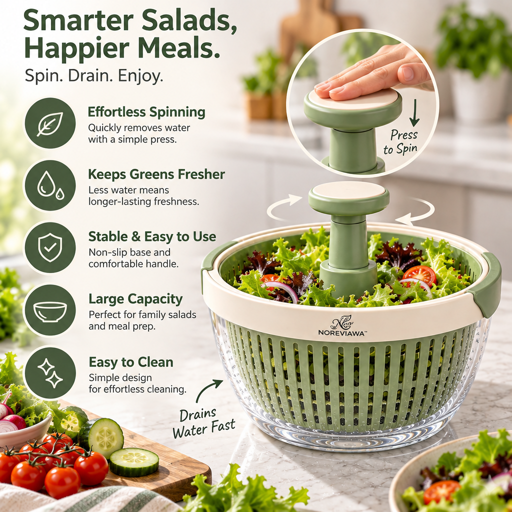 NOREVIAWA™ 360° Spin Salad Spinner | Manual Vegetable Washer & Dryer with Drain Basket