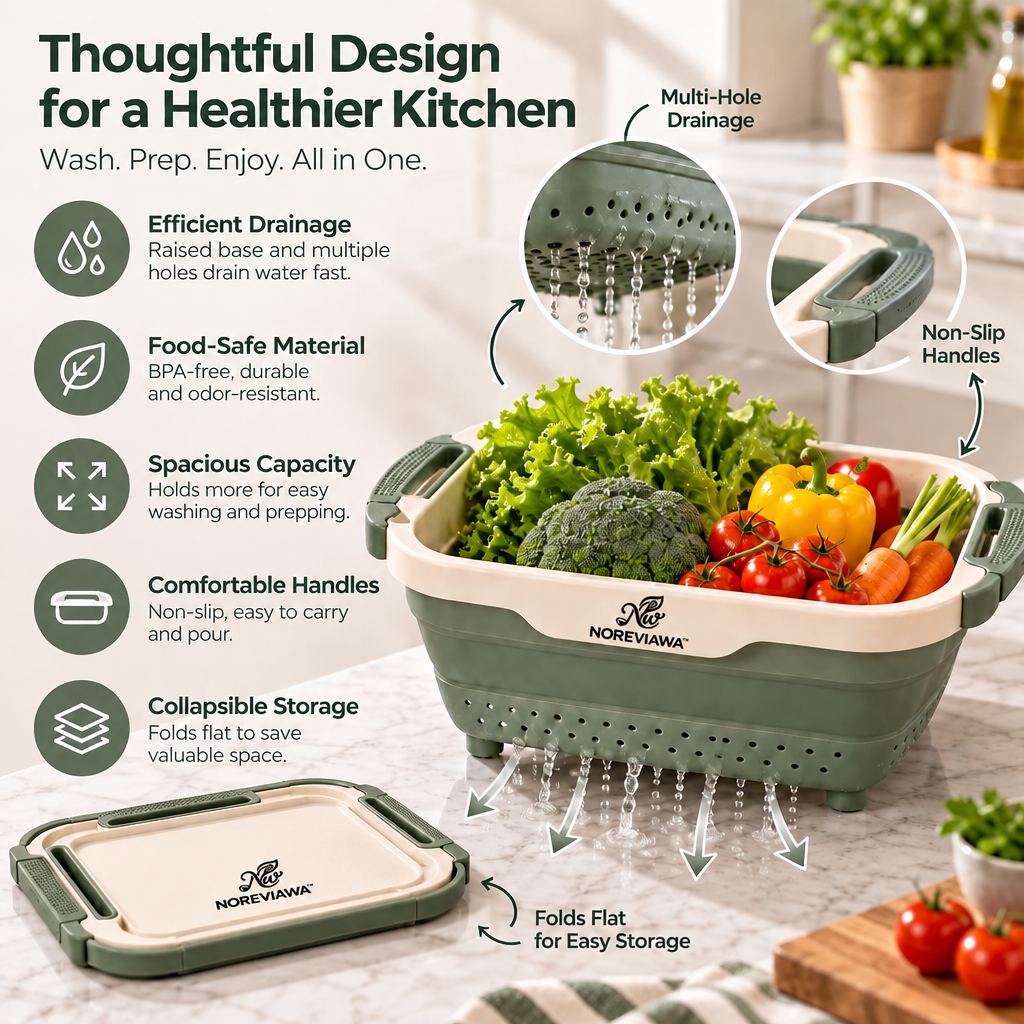 NOREVIAWA™ Collapsible Kitchen Colander Basket | Expandable Washing & Food Prep Drain Basket