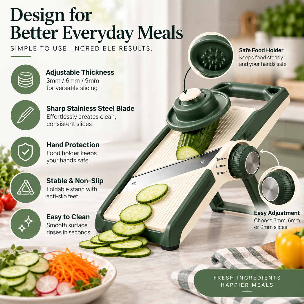 NOREVIAWA™ Adjustable Mandoline Slicer | Stainless Steel Vegetable Cutter with Safety Food Holder