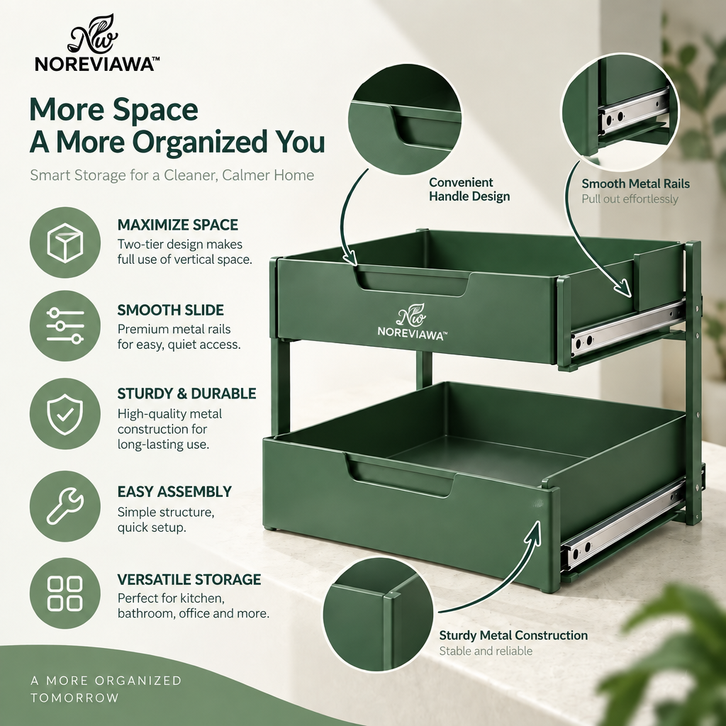 NOREVIAWA™ 2-Tier Sliding Storage Drawer | Metal Cabinet Organizer for Kitchen & Home Organization