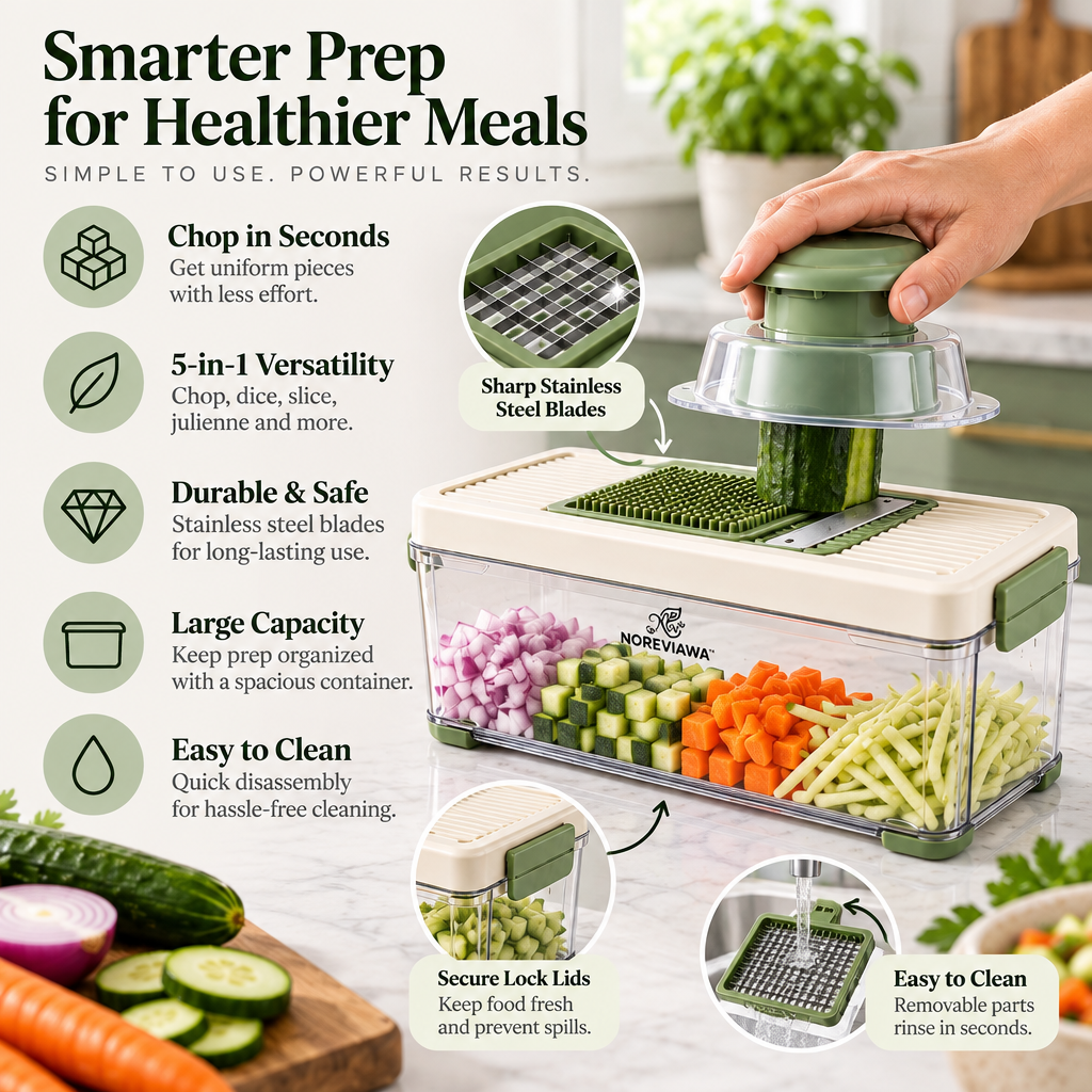 NOREVIAWA™ 5-in-1 Vegetable Chopper | Multi-Function Food Prep Container with Stainless Steel Blades