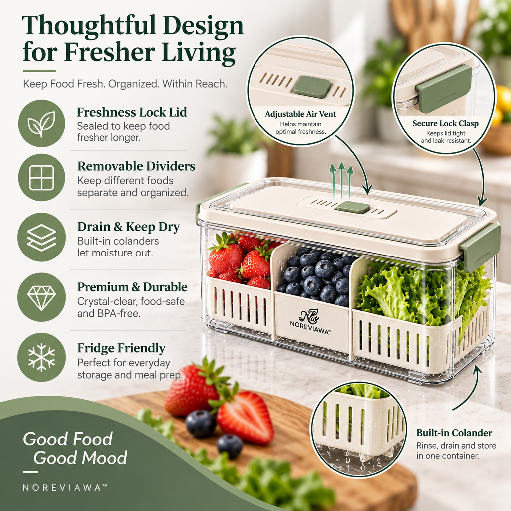 NOREVIAWA™ Fresh Keeper Food Storage Box | Adjustable Ventilated Produce Container with Drain Basket