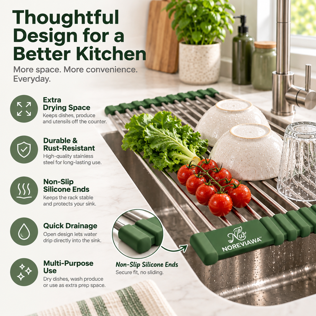 NOREVIAWA™ Roll-Up Sink Drying Rack | Stainless Steel Over Sink Dish & Food Prep Rack